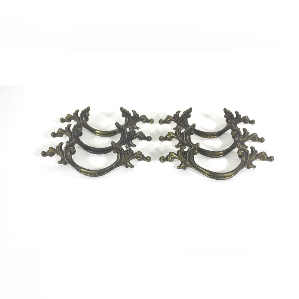 Set of 6 French Provincial Drawer Pulls Handles Brass with Beautiful Patina